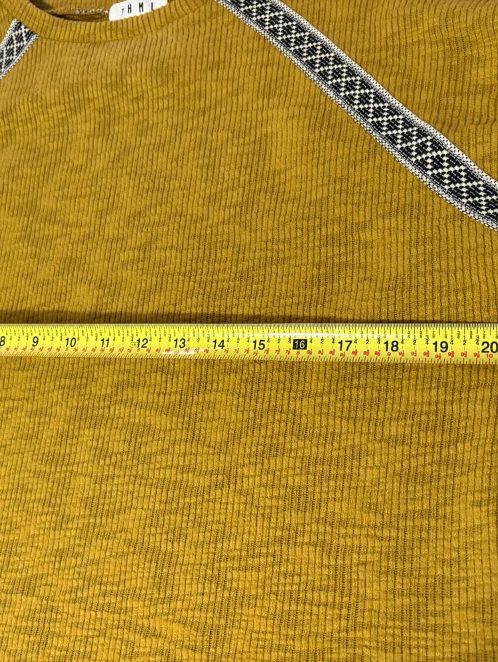 THML Ribbed Top Mustard Yellow Medium Patchwork Sleeves Decorative Trim Boho - Picture 7 of 8